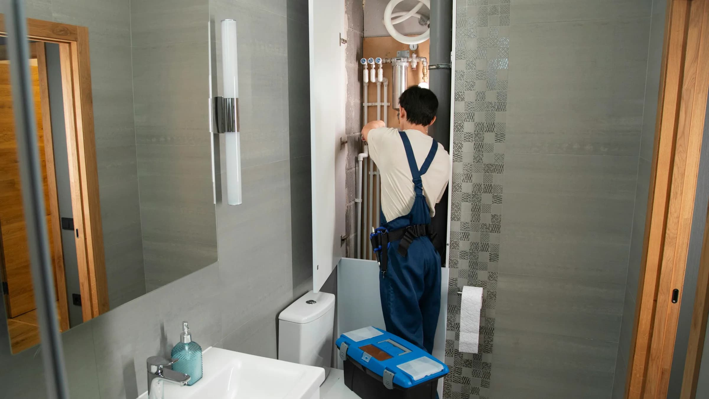 A plumber in overalls works on wall pipes in a bathroom, his toolbox open on the floor.